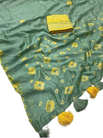 Image of Women's Linen Cotton Blend Saree Multicolor Ikat Brush Print Scalloped Border with Floral Print Unstitched Blouse Piece
