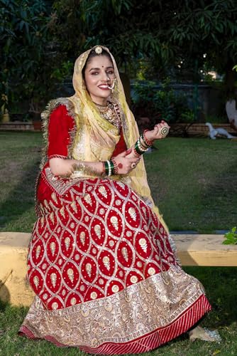 Image of Fancy Heavy Embroidery Work Shimmer Silk Semi-stitched Rajasthani Poshak Rajputi Lehenga Choli For Women