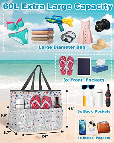 4th of July Beach Tote Bag for Women, Falling Blue Red American Flag Mesh Beach Bags Waterproof Sandproof, Outdoor Picnic Swim Pool Handbag - Large Beach Bag with Zipper and Pockets3