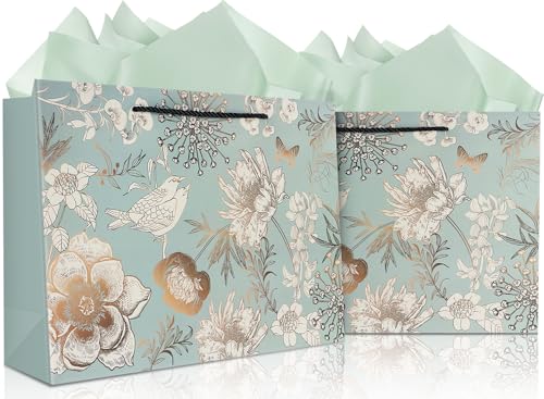 Elivida 13" Gift Bag with Handle incl. Matching Tissue Paper, Card & Sticker,Reusable Flowers and Birds Design Gift Bags Use for Presents of Any Birthday,Mother's Day& Special Occasion (2Pc Green)