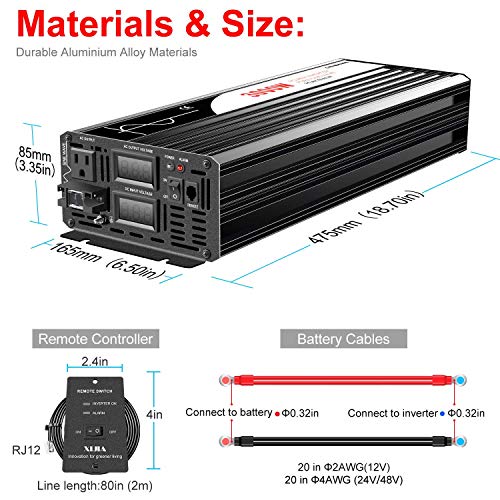 XIJIA 3000W (Peak 6000W) Pure Sine Wave Power Inverter DC 12V to AC 120V 60HZ Solar Converter for Home Use car Remote Control (DC12V (Range 10V-15V) 3000W)