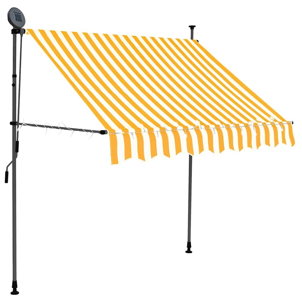 Tenda da sole manuale con illuminazione a LED, 150 cm, colore bianco e arancione, per terrazze, balconi e giardini, resistente ai raggi UV e all'acqua, con luci solari, telaio in acciaio