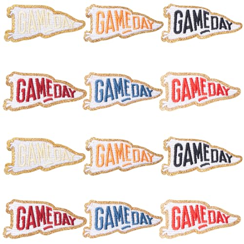 12 PCS Game Day Patches Gold Edge Triangle Flag Sew On or Iron On Patches Appliques for Jackets Hats Backpacks Jeans DIY Clothing Decor (6 Colors)