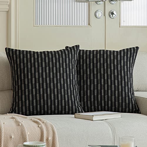 Kevin Textile Pack Of 2 Farmhouse Decorative Throw Pillow Covers Burlap Linen Cushion Cover Striped Pillowcase, Black 18 X 18 Inches 45 X 45 Cm #TOP9