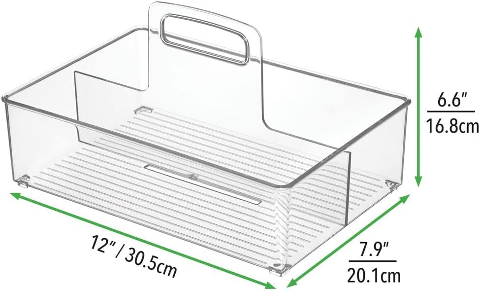 mDesign Nursery Plastic Storage Caddy Divided Bin - Utility Tote with Handle, Holds Bottles, Spoons, Bibs, Pacifiers, Diapers, Wipes, Baby Lotion - 2 Sections, BPA Free, Medium - Clear