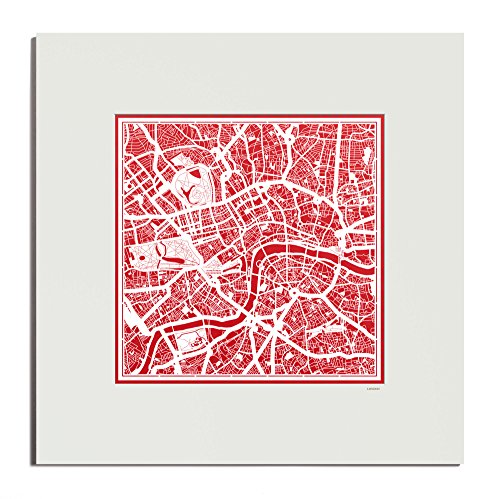 O3 Design Studio London Paper Cut Map Matted Red 20x20 inches Paper Art