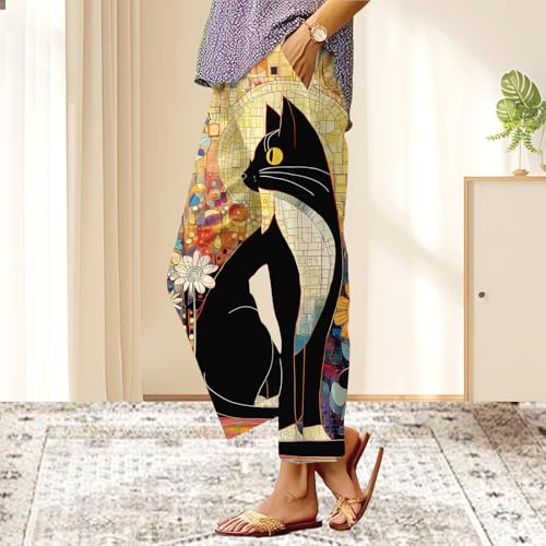 Boho Pants for Women Floral Print Straight Leg Baggy Trousers Summer Elastic Waist Vacation Beach Pants with Pockets2