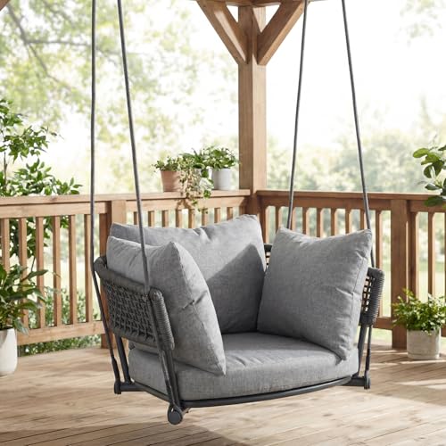 Image of Single Porch Swings Chair with Cushions, Hanging Rope Swing, Hanging Chair for Bedroom, Hammock Chairs Swing Indoor & Outdoor, Macrame Hanging Swinging, Patio, Balcony, Light Grey