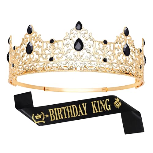 JITINX King Crown & Birthday Sash for Birthday Prom Party Prom Decoration Gifts for Men Costume Wedding Halloween Fathers Day Gift for Men Father Husband Friend (Gold Black)