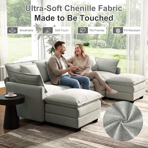 Image of 107 inch Cloud Couch Sectional Modular Sofa, Deep Seat Couches with Ottoman and Removable Washable Pillows for Living Room, Bedroom, Apartment, Light Grey