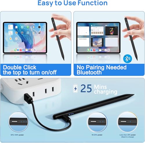 Stylus Pen for Apple iPad A16/11th 2026-2018 iPad Pencil A16/11/10/9/8/7/6,Air 11"/13" M4/M3/M2/5th-3rd,Pro 13"/11"/M4/12.9",Mini A17 Pro/6/5th Stylus Palm Rejection Tilt Sensitivity Fast Charge-Black - image 5