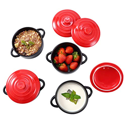 Bruntmor Soup Bowls Dinner Serving 8.5Oz Oven Safe Soup Bowls With Lids, Mini Cocotte Ceramic Ramekin For Baking, Mini Casserole With Lid, Souffle Dish, (Matte Black W/Red Lid) #TOP5