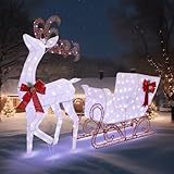 Cofiyard Outdoor Yard Decoration Reindeer and Sleigh, 200 led Lighted White Christmas Reindeer Sleigh, Christmas Outdoor with Stakes and Zip Ties for Lawn, Xmas, Holiday, Garden Decor