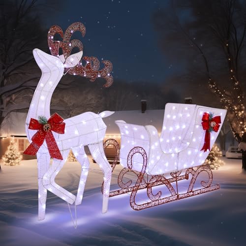 Cofiyard Outdoor Yard Decoration Reindeer and Sleigh, 200 led Lighted