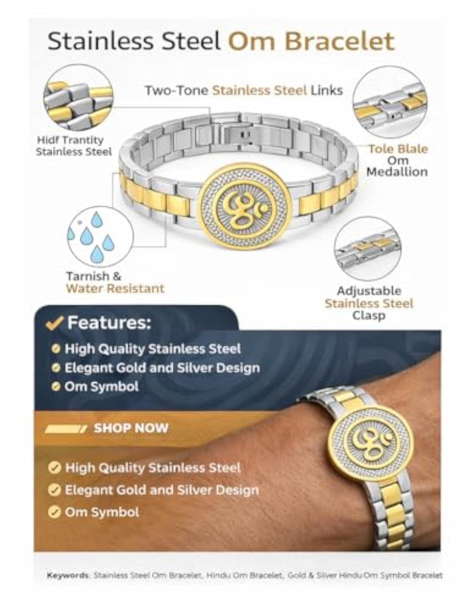 Two-Tone Stainless Steel Om Bracelet & Hindu Kada for Men