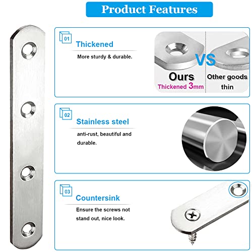 Jubeijia 6 Pcs Flat Straight Brackets Stainless Steel Mending Plate 125Mm X 20Mm Heavy Duty Metal Straight Brace For Wood Furniture, Repair Joining Plate, With Screws #TOP2