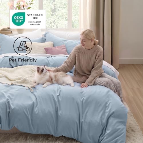 Bedsure Prewashed Duvet Cover King, Cotton-Like Bedding Set, Light Blue — view 5