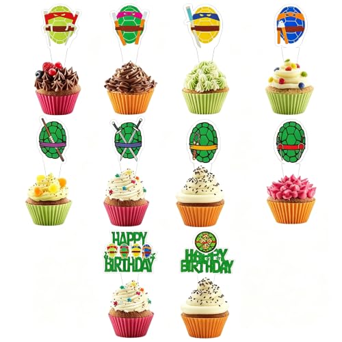 30-pcs Turtle Cupcake Toppers Anime Hero Cupcake Toppers Happy Birthday Turtle Weapon Decorations for Boy Girl Kids Birthday Party Turtle Cupcake Party Supplies
