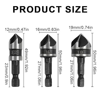 6 Pcs Countersink Drill Bits, 1/4 Inch Hex Shank 5-Flute 90 Degree, Drill Set (12mm/16mm/19mm) for Woodworking, Soft Metal & Plastic, Precision Drilling for Countersunk Screws