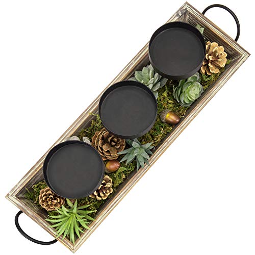 Mygift Solid Torched Wood Candlescape Display Tray Set With Metal Pillar Candle Holder And Decorative Fake Succulent Plants And Pine Cones - Holds 3 Candles #TOP5