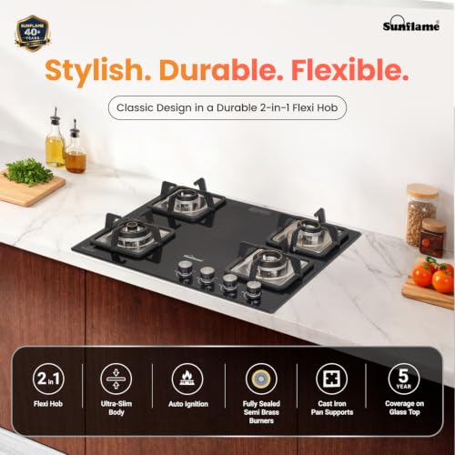 Image of Sunflame 4 Burner Built-In & Countertop Flexi Hob 65 cm Wide | 1 Large, 1 Medium, 2 Small Brass Burner | 5 Year Glasstop Warranty by Sunflame | Auto-Ignition | Ultra-Slim | Cast Iron Pan Support