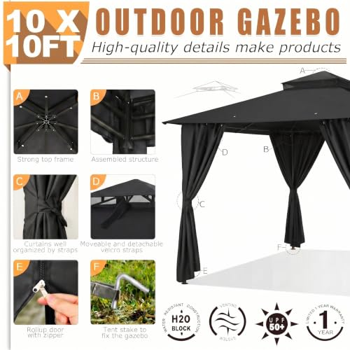 Image of COBIZI 10x10 FT Outdoor Gazebo, Soft Top Patio Gazebo with Ventilated Double-Tier Roof, Heavy-Duty Metal Frame Canopy with Removable Privacy Curtains for Backyard, Garden, Lawn, Black