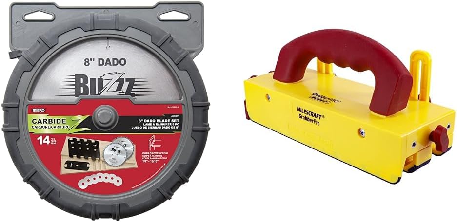 The Mibro Group 416381 Carbide Stacking Dado Blade Set - 14 Pieces, Silver, 8" & Milescraft 3406 GrabberPRO - Push Block for Table Saws, Router Tables, Band Saws & Jointers