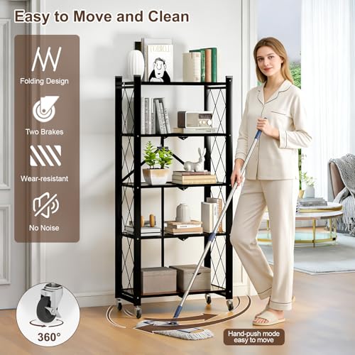 Image of 5 Tier Folding Shelf with Wheels, Wood and Metal Bookshelf