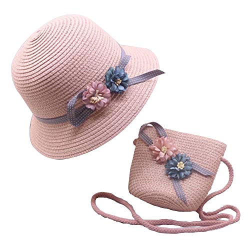 Keby Sombrero de paja para niños, sombrero de paja con bandolera con flores para actividades al aire libre, gorro para niños pequeños de 2 a 7 años, Unisex, rosa claro
