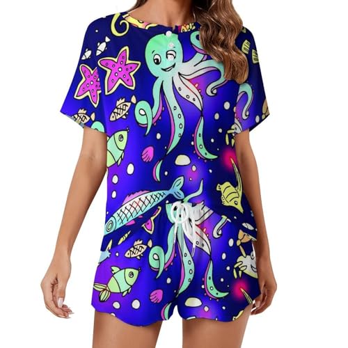 Ensemble de pyjama pour femme poulpe étoile de mer imprimé marin manches courtes été