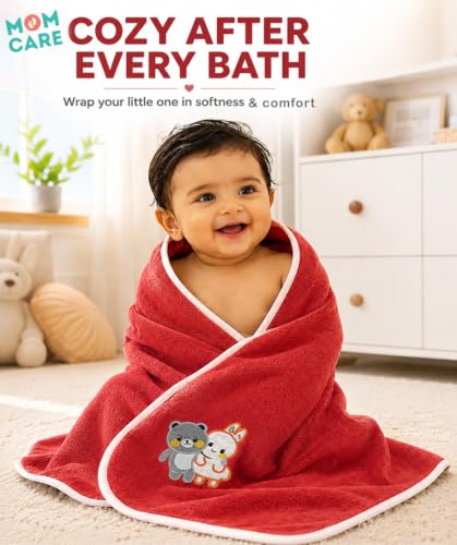 Image of MOM CARE Baby Kids Bath Towel 70x140 cm, Soft Microfiber, Quick Dry Red