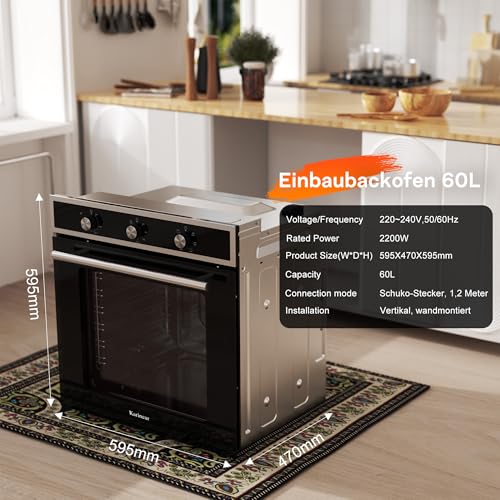Karinear Einbaubackofen 60 cm mit Knopf-Steuerung, Backofen Einbaugerät 60 cm mit 6 Programmen, 50-250 °C mit Edelstahlplatte, Einbauofen mit Stecker, 2200W, 220-240V, 60L Schwarz