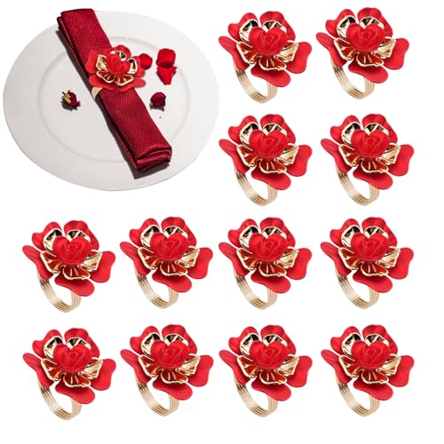 SITAKEGS Anelli Tovaglioli Forma Rosa, 12PCS Fibbie per Tovaglioli a Forma di Fiore Anelli Porta Tovaglioli a Forma di Rosa Rossa per il Ringraziamento, Natale, Anniversario di Matrimonio, Festa