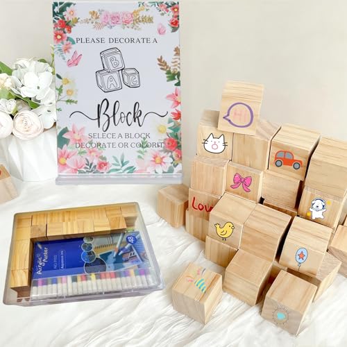 156-Piece Baby Shower Building Block Game Set, featuring 58 plain wooden blocks, 48 markers, 48 templates, 1 game instruction card, and 1 storage box—specially designed for parties (Floral Theme) by Cookiepapa - Used condition - Image 8