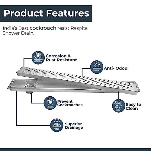 Image of Aquieen Shower Water Drainer Floor Bathroom Grating with SS 304 Anti-Foul Cockroach Trap (Grade AISI 304) (30 inch) (Wave Shower Drainer 30 inch (Center Hole)) (Center Hole, 30 inch x 4 inch)