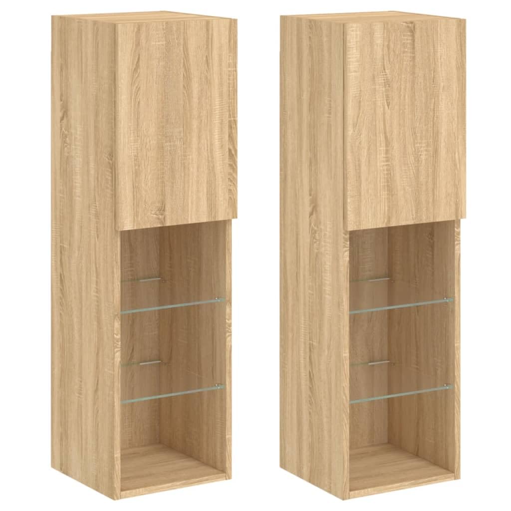 Szafki TV z LED 2 szt dąb sonoma 30 5x30x102 cm TV meubel met RGB verlichting zwevend wandmontage opbergkast voor woonkamer glas hout