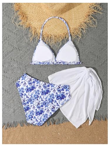 Girl's 3 Piece Floral Print Halter Triangle Bikini Set Cute Swimsuits with Cover Up Beach Skirt2