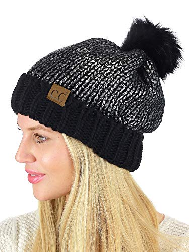 C.c Women's Faux Fur Pom Shiny Metallic Finished Knit Beanie Hat-Black/Silver #TOP3