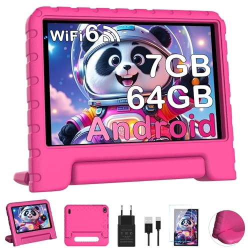 Dghrti Tablet Android, 7 Pulgadas Tablets, 7GB RAM + 64 GB ROM, WiFi, GPS, BT 5.0, Táctil HD, TUV Certificación, Juegos Educativos, Control Parental, con Funda EVA, Rosa