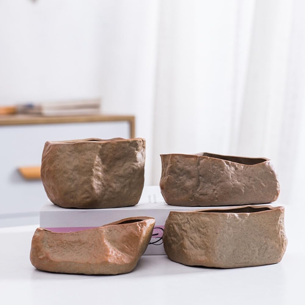 Succulent Pot,Stone Succulent Planter/Plant Pot/Flower Pot/Bonsai Pot for Herb, Succulent,Cactus Pen Container for Home Decor DIY Microlandscape (Medium,4pcs/Set)
