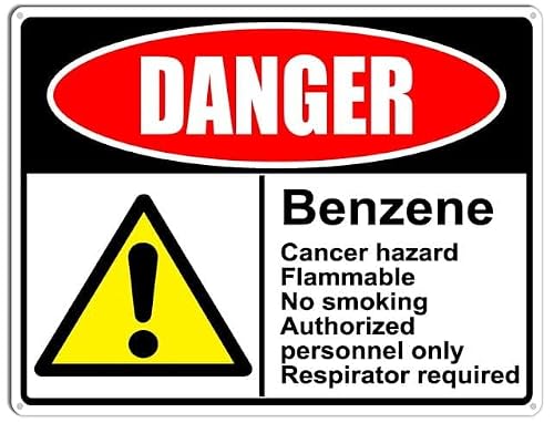 Danger Benzene - Cancer Hazard, Flammable, No Smoking Aluminum Tin Sign 8"x12" For Homeowners, Lab Staff - Home Coffee Bar Wall Decor