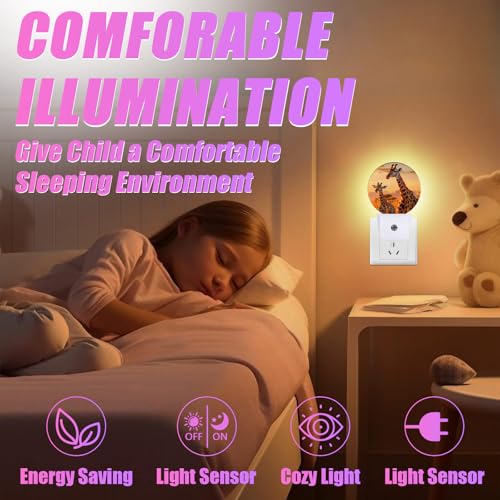 Image of Funny Giraffe Night Light African Animal Night Lights LED Lamp Round Plug into Wall Nightlight with Dusk to Dawn Sensor Home Hallway Stairway Kitchen Decor