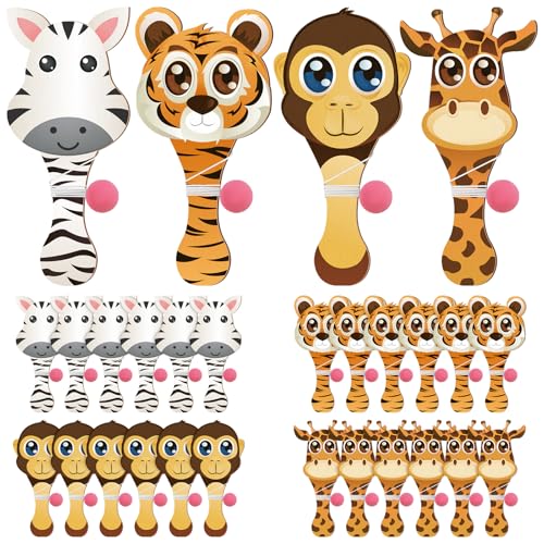 LaRandom 24 Pcs Safari Park Animals Paddle Balls with String Bulk