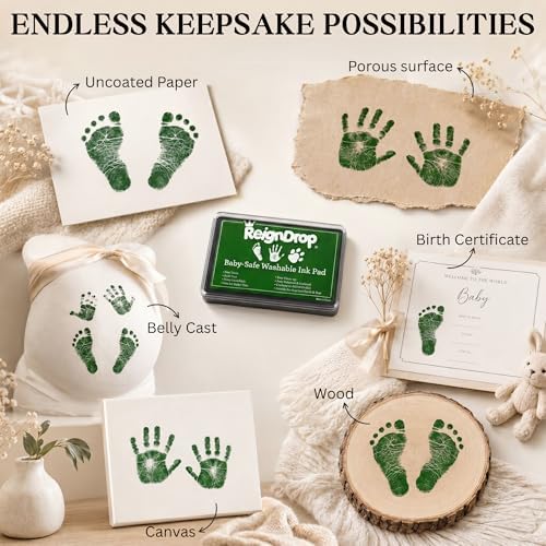 ReignDrop Ink Pad For Baby Footprint & Handprint - Creates Impressive Long Lasting Keepsake Stamp for Infant & Kids. Smudge Proof, Easy to Wipe Off Skin, Safe & Gentle Acid Free(Green) - 3