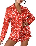 Ekouaer Womens Satin Pajama Sets Long Sleeve Top and Shorts Lounge Set Button Down Sleepwear Christmas Red M