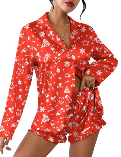Image of Ekouaer Womens Satin Pajama Sets Long Sleeve Top and Shorts Lounge Set Button Down Sleepwear