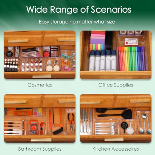Image of Criusia Drawer Organizer Set, Acrylic Non Slip Non Cracking Kitchen Drawer Storage Tray Large Size Divider, Multifunctional Storage for Cosmetics, Bathroom, Tools, Kitchen and Office (8 PACK)