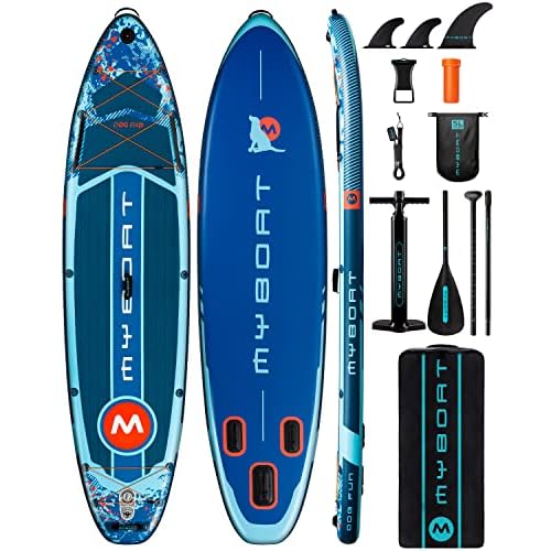 MYBOAT 11'6"×34"×6" Extra Wide Inflatable Paddle Board, Stand Up Paddle Board for Pets, Sup Board with Dog Pad, Multi-Functional Handle,3 Removable Fins, Dual Bungees, Camera Mount, Floating Paddle