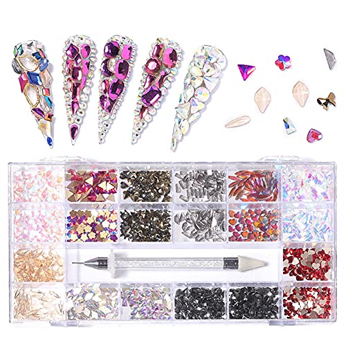 Botiniv 21 Grid Nail Art Strass-Set, Mix Size Kristalle Juwelen Flatback Nail Gems 600 Großer Diamant +2500 Kleiner…