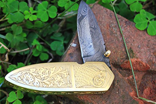Dkc Knives (4 9/18) Dkc-47 Golden Ram (Small) Damascus Folding Pocket Knife Polished Brass 4" Folded, 6.5" Open 8 Oz Very Solid Sophisticated Knife.custom Engraved #TOP4